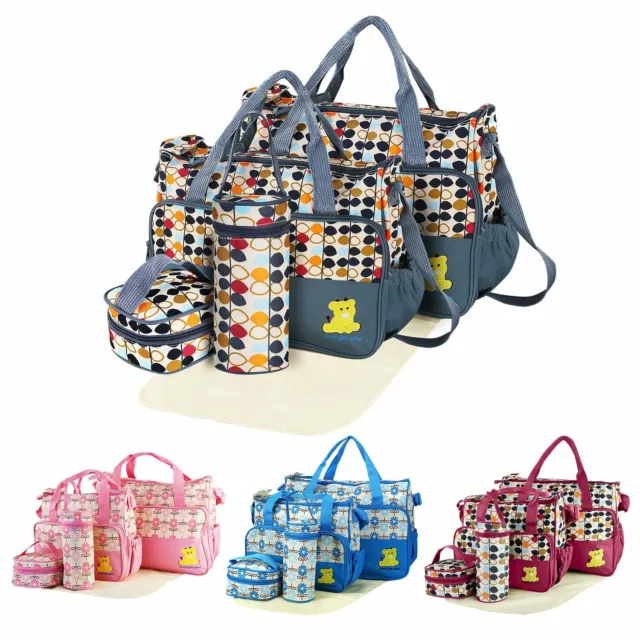 5Pcs Baby Diaper Bag Nappy Tote Set Insulated Handbag w/ Nappy Changing Pad Bags