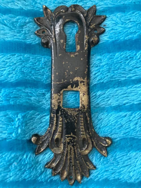 Antique 1890s? Cast Brass Black Ornate Victorian Skeleton Key Cover Door Plate