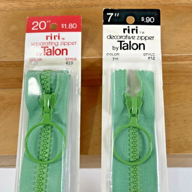 LOT OF 2 Vintage 1972 Riri Talon Decorative GREEN Zipper   7" & 20"