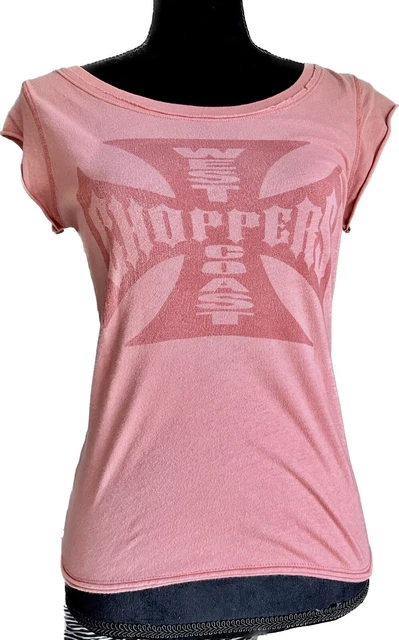 West Coast Choppers Womens Scoop Neck Pink Iron Cross Jesse James Top Rocker Vtg