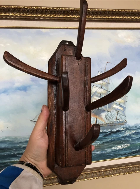 Antique 6 Wood Hooks On Oak Railroad Train Coat Hat Wall Mount Rack Primitive