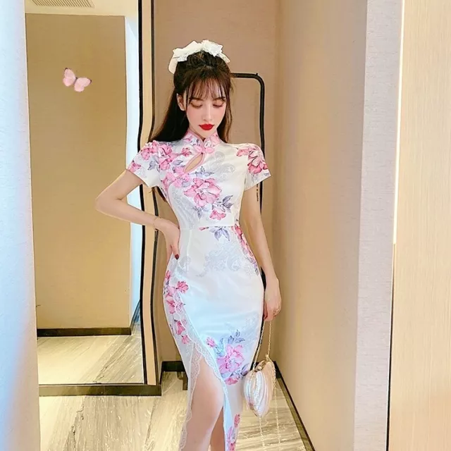 Womens Cheongsam Bodycon Dress Pink Floral Printed Side Slit Chinese Slim Qipao