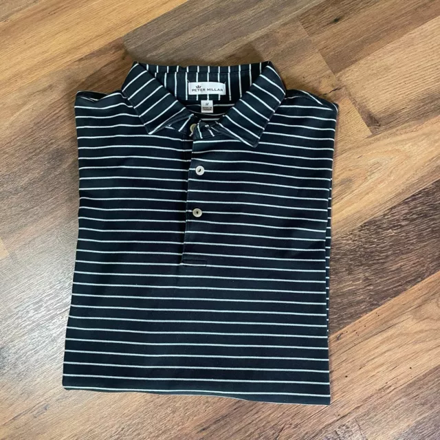 Peter Millar Cotton Polo Shirt Mens Medium Black White Striped Casual Athleisure