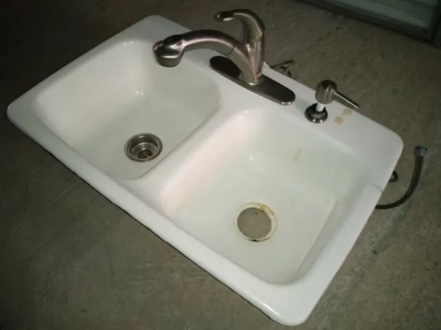 Cast iron double kitchen sink with faucet porcelain enamel vintage local pickup