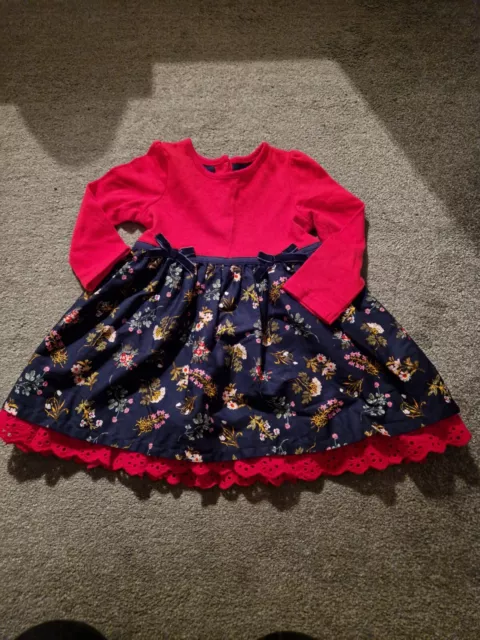 Primark Baby Girls Floral Ruffle Long Sleeve Red and Navy Dress Size 3-6 months