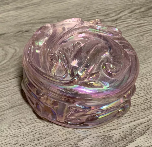 Vintage Fenton Iridescent Pink Chiffon Glass Trinket Dish Box Swirl Art Nouveau