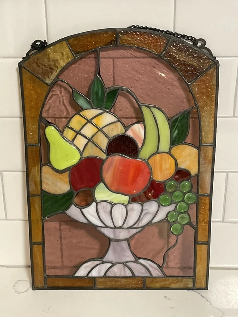 Vintage Leaded Stained Slag Glass Fruit Bowl 3 Dimensional Window Art 13.5"x9.5"