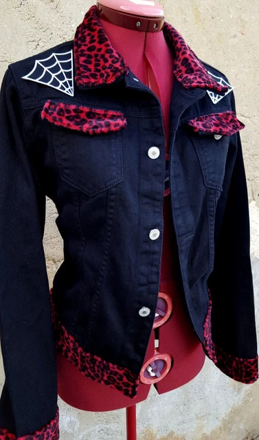 Veste Jean Denim Imprimé Léopard Tartan Psychobilly Punk - Neuf Avec étiquettes, Taille M, Style Rockabilly