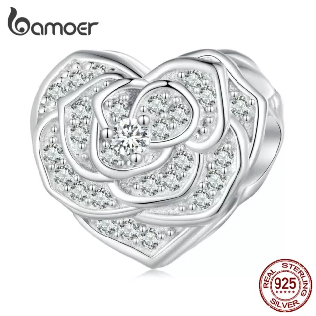 BAMOER 925 Sterling Silber Zirkon Romantisches Herz Rose Armband Charm Bead