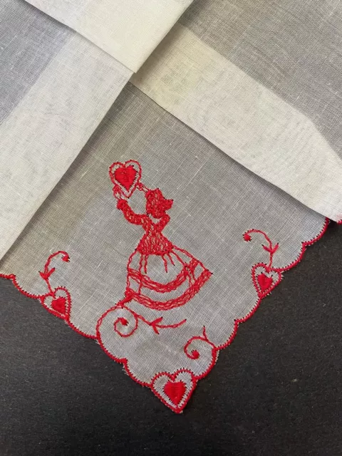 Vintage Hankie VALENTINES DAY Lady Heart Red White Embroidered 10” Handkerchief