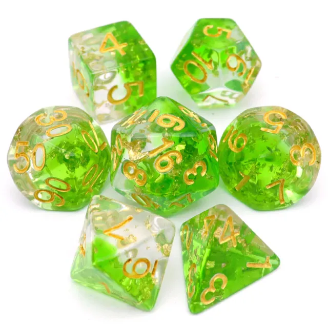 Haxtec Rebirth- Green Clear & Gold Foil 7 Polyhedral Dice Dungeons & Dragons RPG