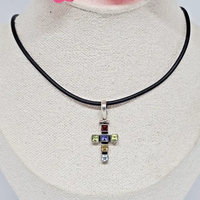 925 Sterling Silver - Multi Color Crystal Cross Pendant Black Cord Necklace