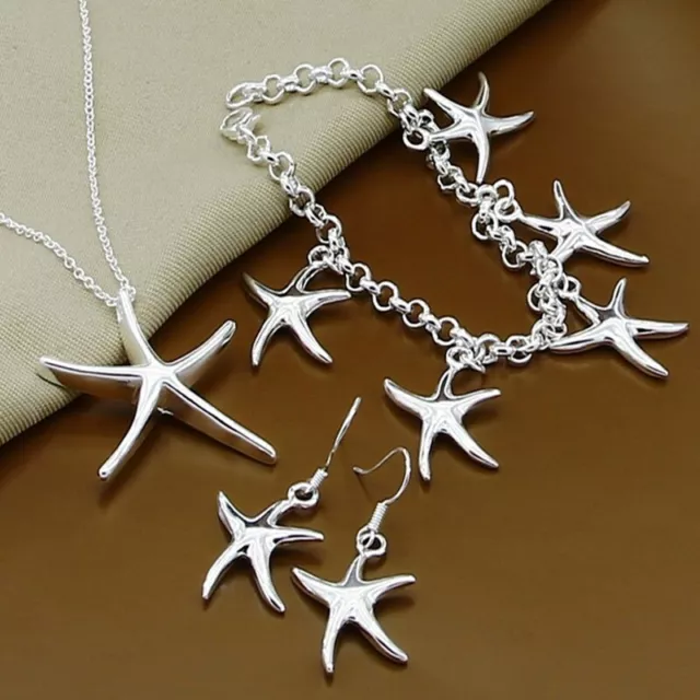 925 Sterling Silver Filled Star Bracelet Pendant Chain Necklace Earrings Set