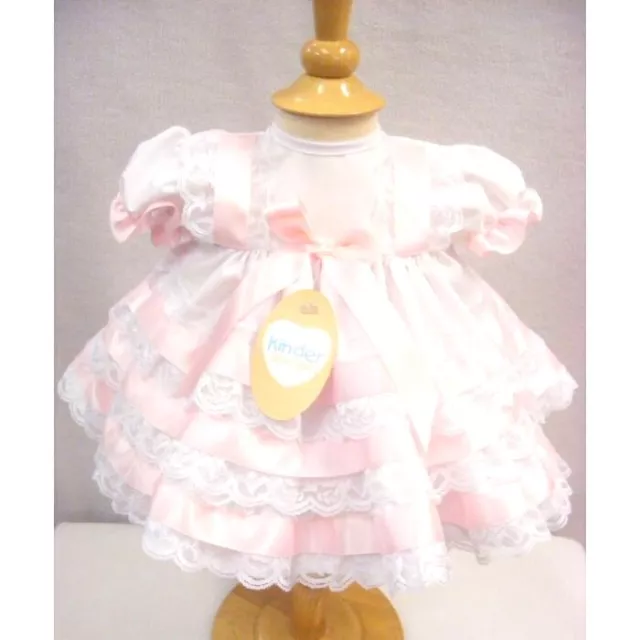 Baby Girls Traditional Romany Frilly Lace White & Pink Satin Ribbon Dress P- 6M