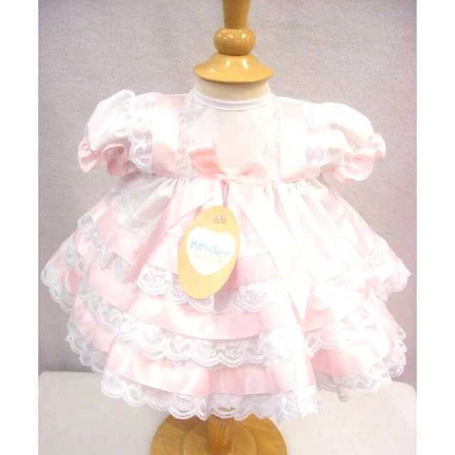 Baby Girls Traditional Romany Frilly Lace White & Pink Satin Ribbon Dress P- 6M