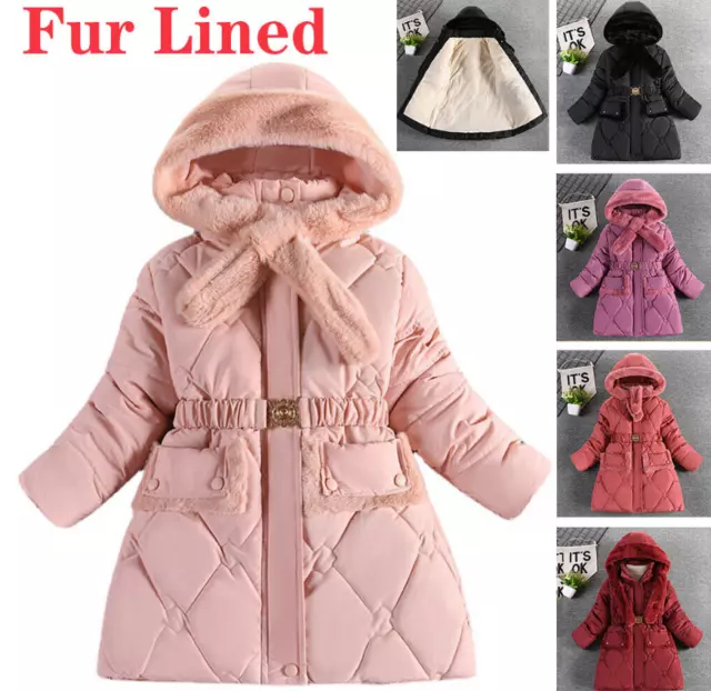 Kids Girls Winter Warm Fur Lined Hooded Parka Coat Padded Jacket Outwear + Scarf