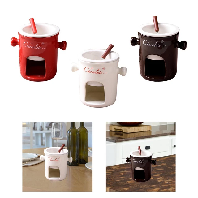 Fondue Au Chocolat Cepewa - Céramique Blanche Avec 2 Fourchettes Inox - Parfait Pour Soirée