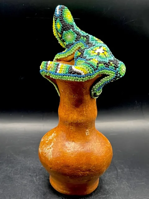 Huichol Hand Beaded  Lizard on Pottery Vase Vintage Mexican Native Folk Art