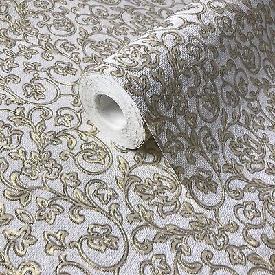 White Gold Metallic Brass vinyl Non-Woven Wallpaper embossed Floral damask rolls