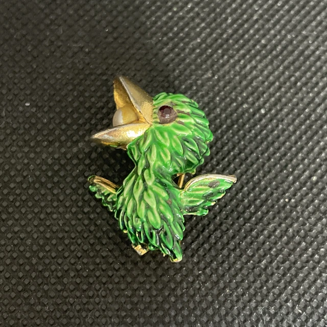 Broche Art Nouveau Dorée Avec Fleur, Feuille Et Oiseau En émail Vert - Pièce Neuve, Style Unique XZ24