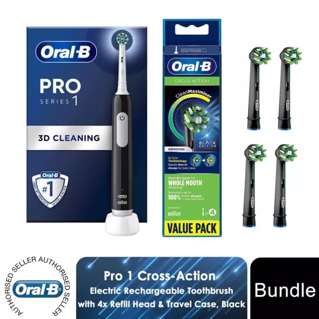 Oral-B Pro 1 Cross Action Toothbrush with 4x Refill Head & Travel Case, Black