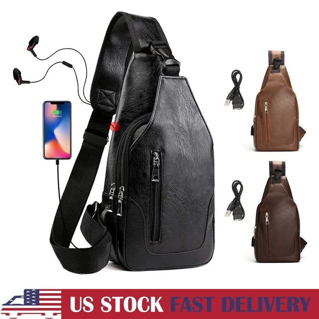 Mens Leather Sling Pack Chest Shoulder Crossbody Bag Backpack Satchel USB New