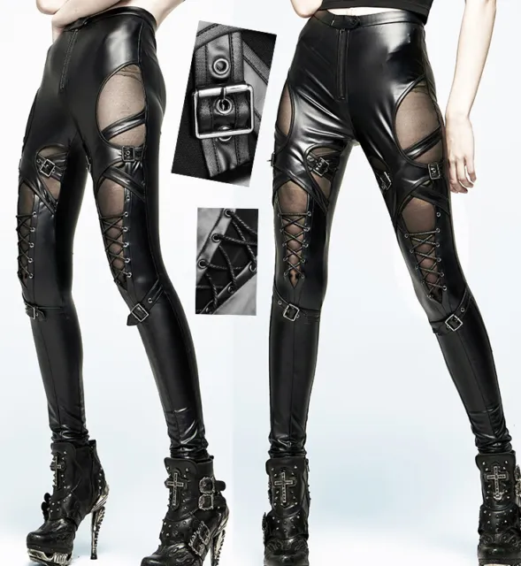 Pantalon cuir dentelle gothique punk lolita rock sexy sangles laçage PunkRave