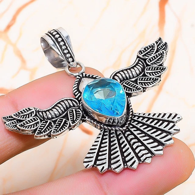 Swiss Blue Topaz Gemstone Handmade Gift Jewelry Pendant 1.97" N690