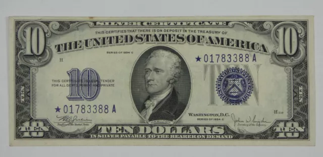 BARGAIN Series 1934-C* $10 Blue Seal Silver Cert Note EXTRA FINE Fr#1704*