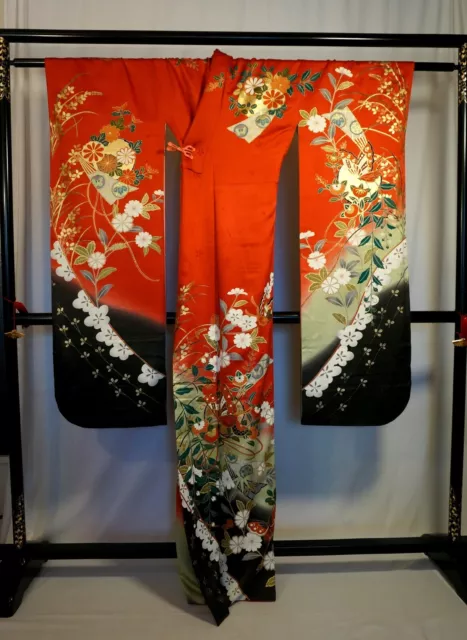 Japanese kimono SILK"FURISODE" long sleeves, Gold/Silver, Butterfly, L5' 5".3103