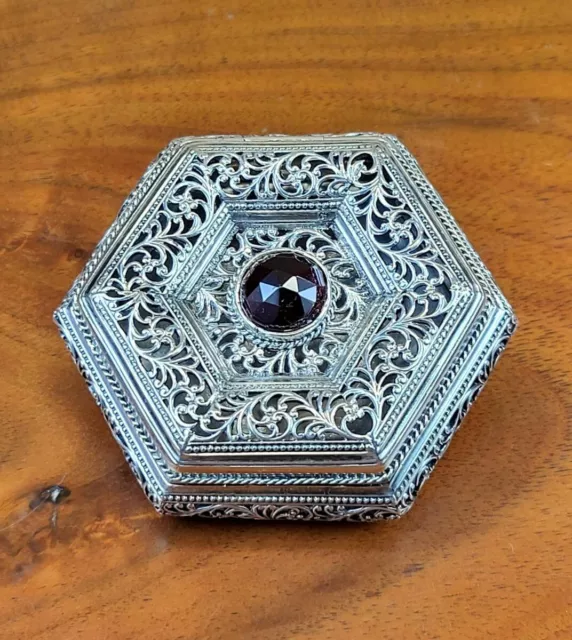 Antique Openwork Decorated Continental 800 Silver Hexagonal Box Faceted Garnet 2