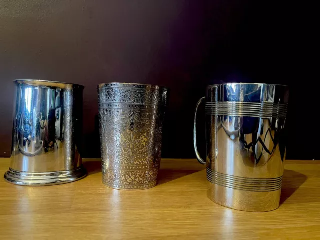 Antique Embossed Hand-Crafted Indian Floral cup + pint cup & Tankard