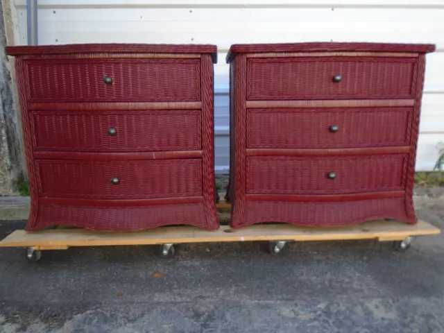 Pair wicker Bachelor Chest 3 drawers 2 Nightstands Dressers Rattan Bamboo Bombe