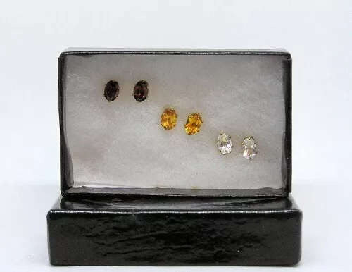 Three Pair 6 X 4 mm Oval Topaz, Garnet & Citrine Earrings Set in 14kt Yellow GF