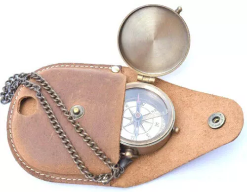 Antique Vintage Maritime 2" brass pocket nautical compass with leather case gift