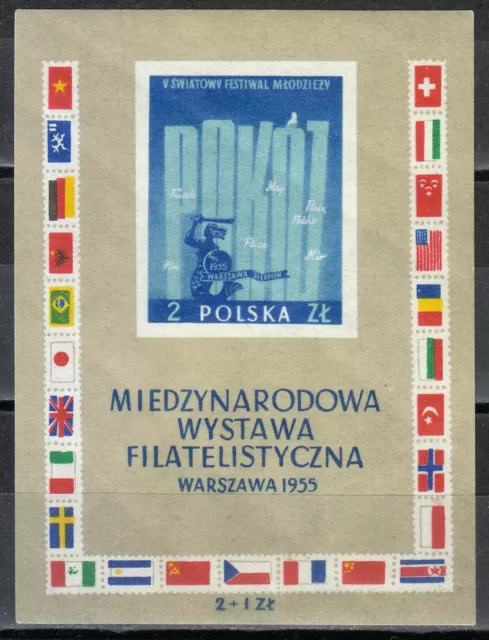 Poland 1955 MNH Mi Block 18 Sc B105 Stamps Exhibition. Flags of members **