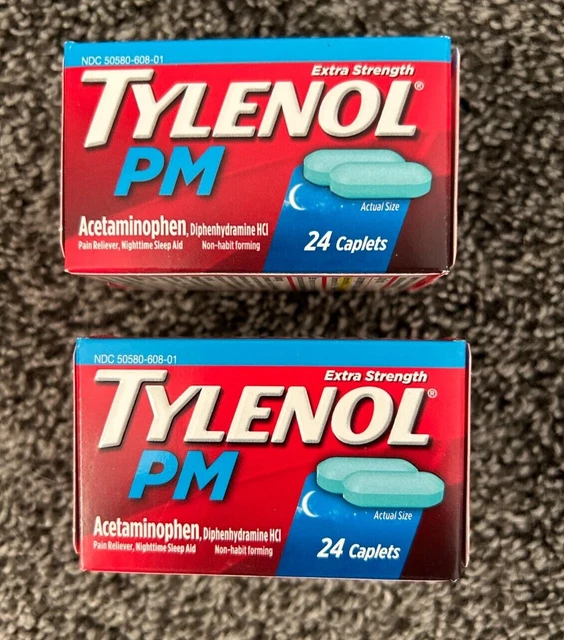 2 Tylenol PM Extra Strength 500mg Acetaminophen Pain Relief 24 Caplet Exp 1.2024