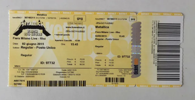 Biglietto / Ticket Vintage Concerto 2015 Metallica Faith No More Tour Milano Rho