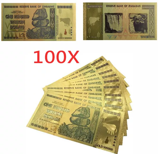 100Pcs $100 One Hundred Trillion Dollar Zimbabwe Gold Banknote Set w/ Rock COA