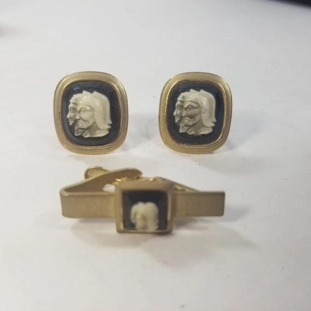 Gold Tone Black Double Greek Roman Warrior Soldier Cameo Cuff Link & Tieclip Set