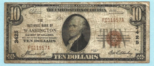 $10 National Currency 1929 T1 - Ch#3425 - National Bank, Washington, DC - F+