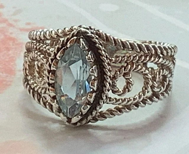 Sterling Silver Vintage Avon Filigree Marquis Blue Topaz Ring Size 8 Sterling Silver Vintage Avon Filigree Marquis Blue Topaz Ring Size 8