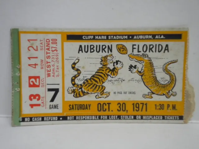 Antique Original 1971 Auburn Tigers vs Florida Football Ticket Stub 1970s AU 70s
