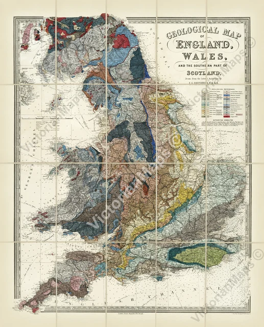 ENGLAND WALES GEOLOGICAL map Ravenstein 1865 Victorian Britain art ...