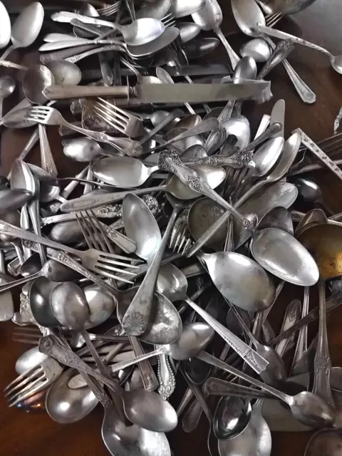 Scrap/Craft Lot 160 Pcs Antique Silverplate Mixed Spoons, Forks Lot, Oldies! Nr