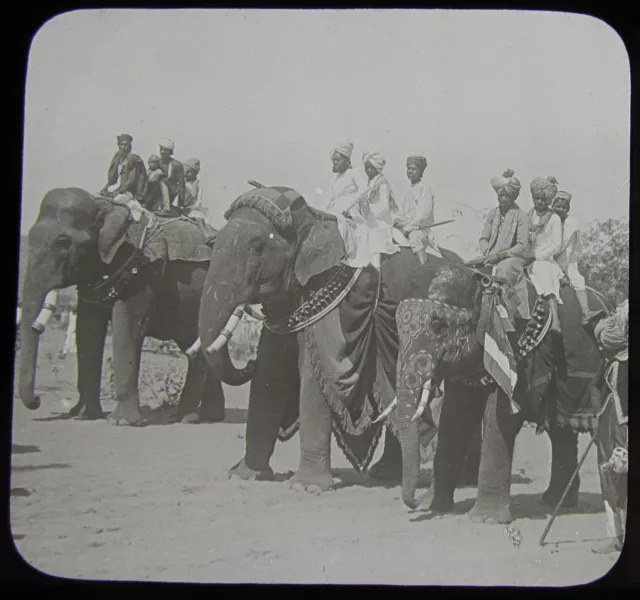 Glass Magic Lantern Slide MEN ON ELEPHANTS JAIPUR C1910 PHOTO INDIA