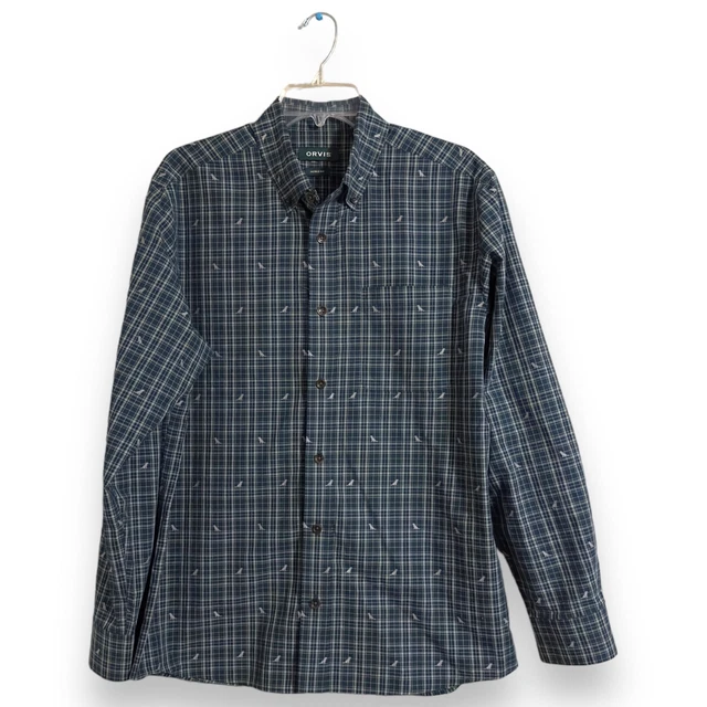 Orvis Shirt Mens Medium Green Button Up Long Sleeve Plaid Dog Active Fit Adult