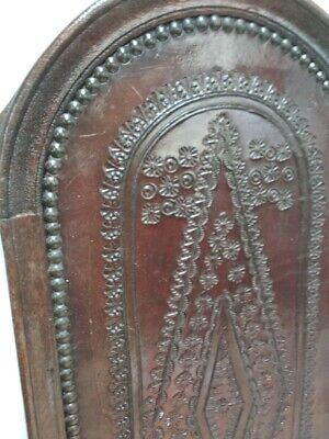 genuine worked leather and wood panel of a church vintage 30's brass nails rare 2