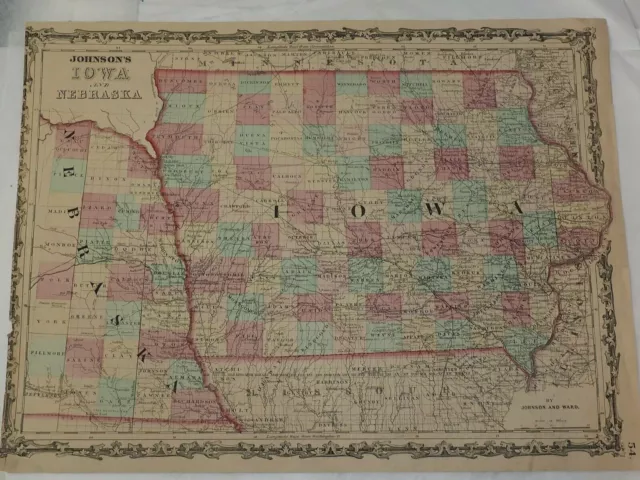 1863 JOHNSON'S IOWA AND NEBRASKA Hand Colored by Johnson and Ward  14" x 18"