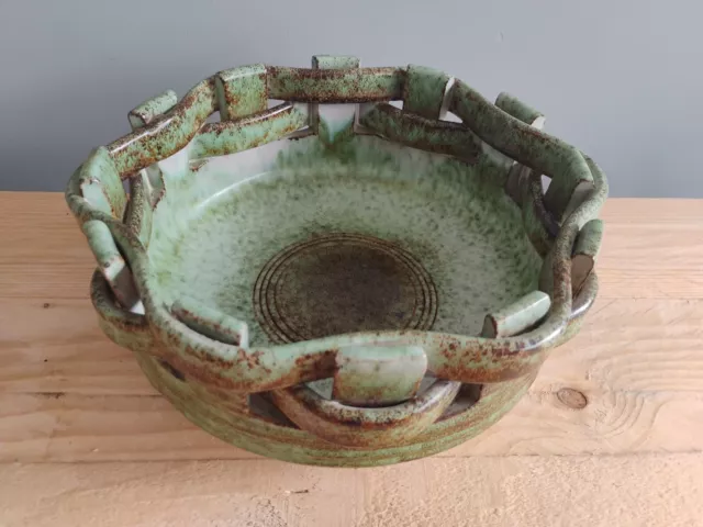 Large Heavy Vintage Italian Ceramic Bowl Woven Basket Style Green Ash Glaze